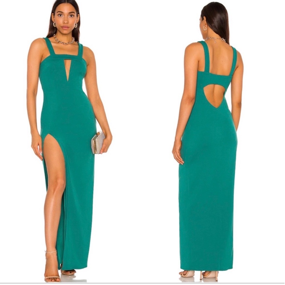 Revolve Katie May Take The Plunge Gown -Emerald Green Open Back Slit Square Neck